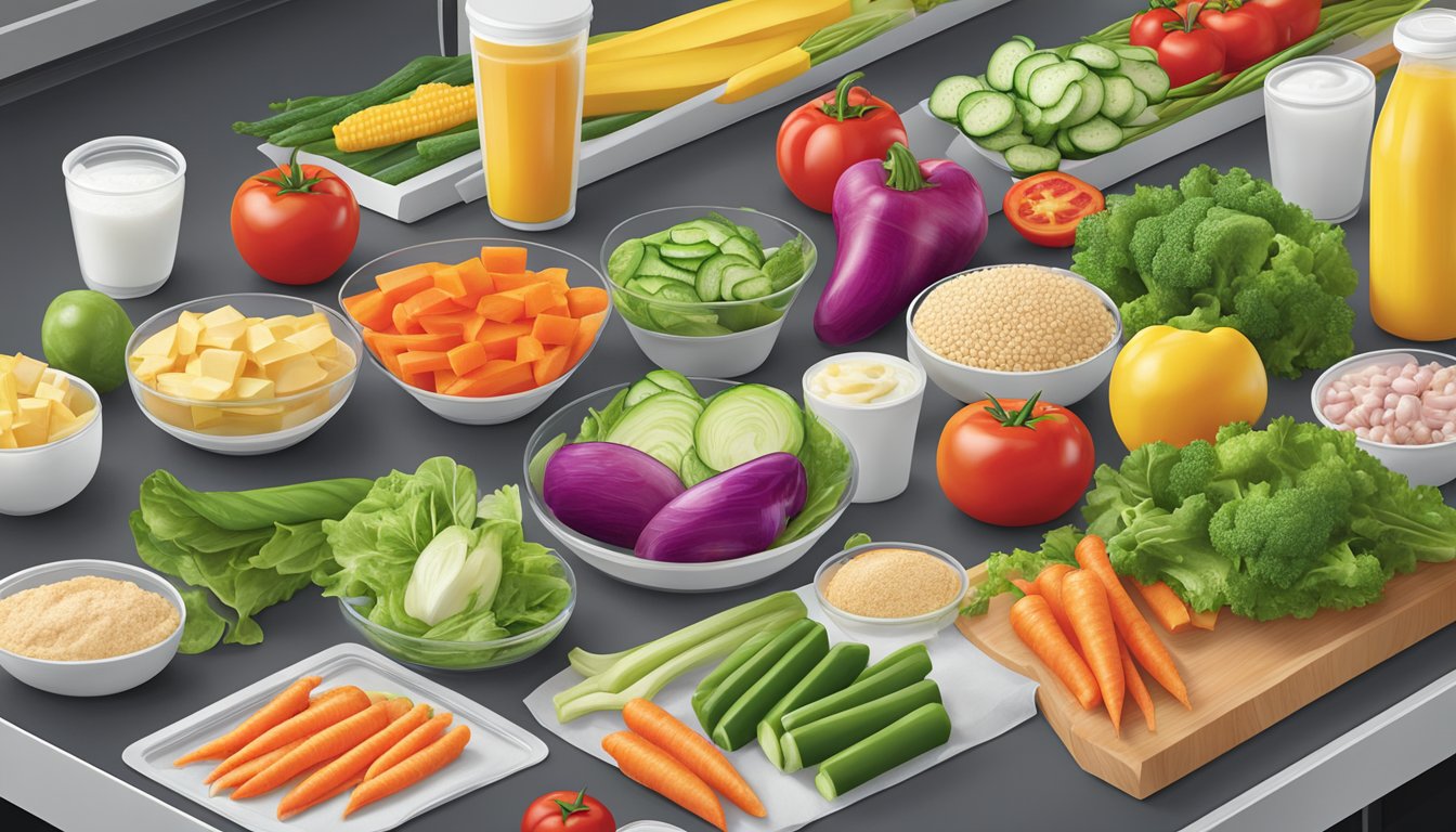 A colorful array of fresh vegetables and lean protein options displayed on a clean, modern counter at Wendy's