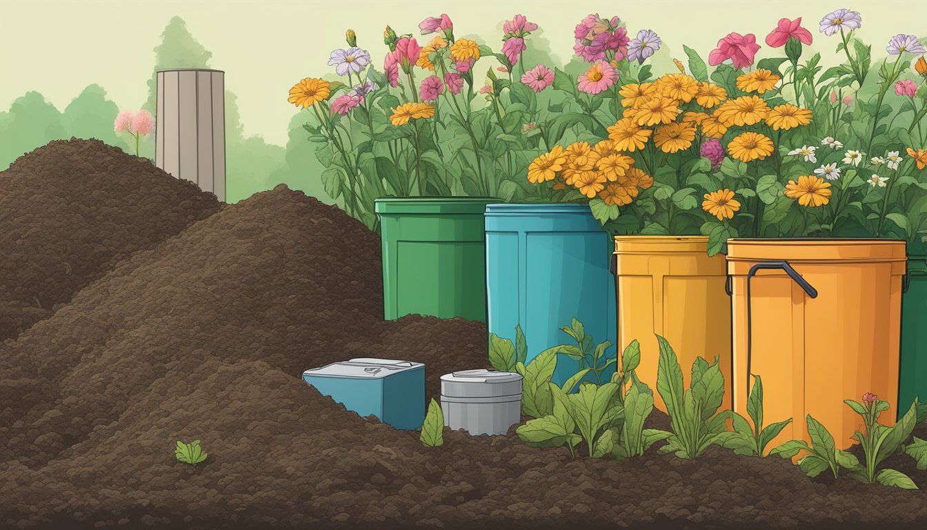 A compost pile with flowers and pesticide containers nearby