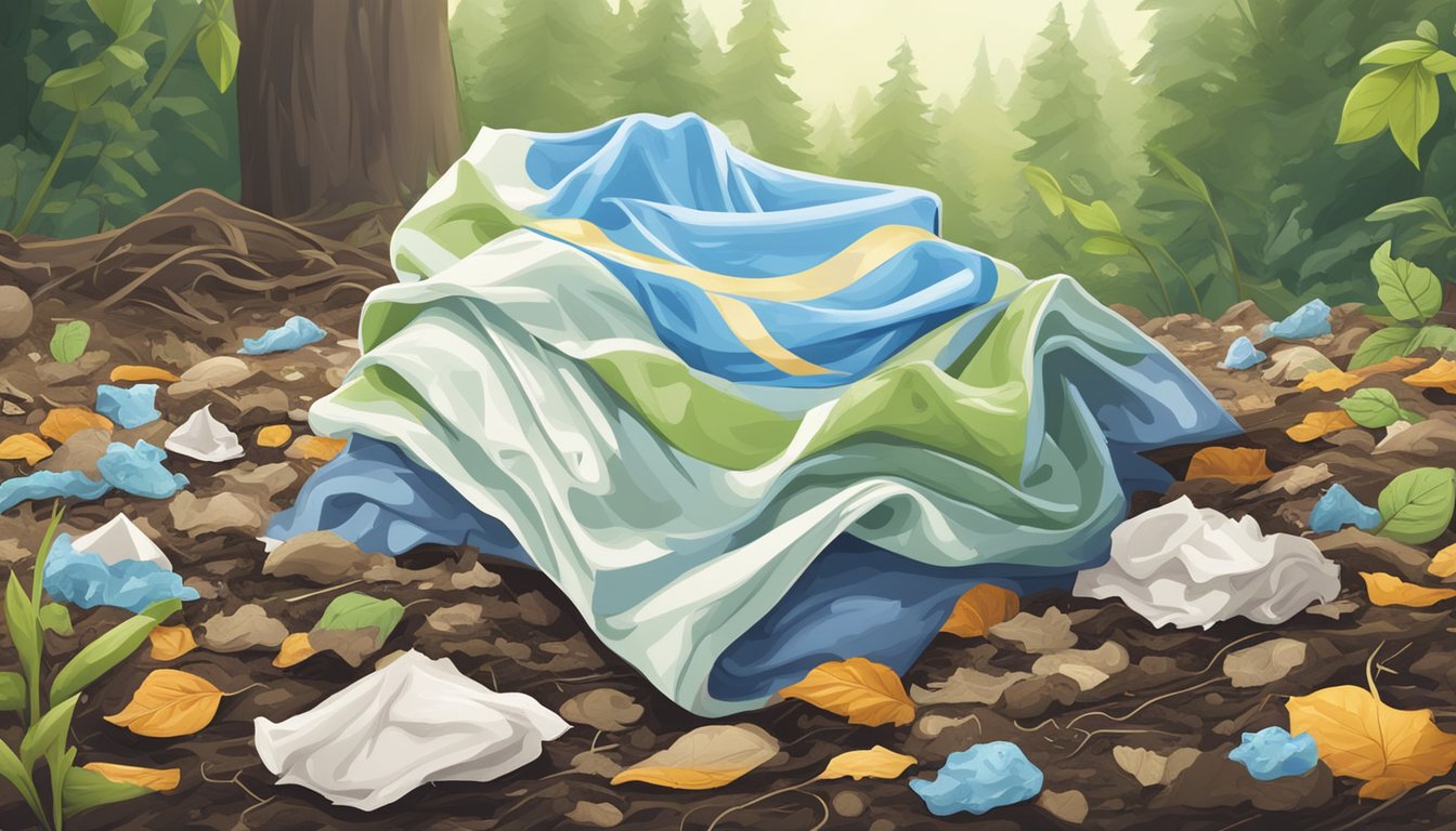 A fabric softener sheet lies on a compost pile, surrounded by organic waste and decomposing materials