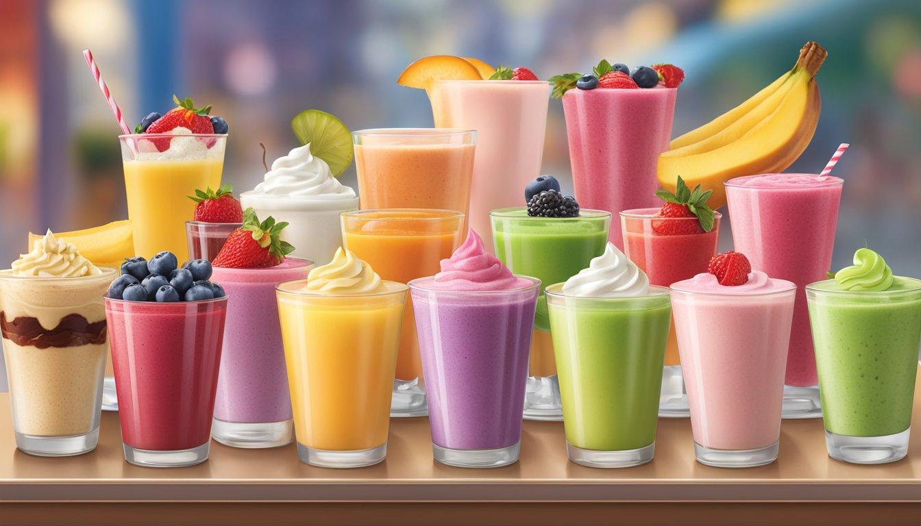 A colorful display of fresh fruit smoothies and yogurt parfaits next to a selection of decadent yet healthy desserts at a Wendy's restaurant