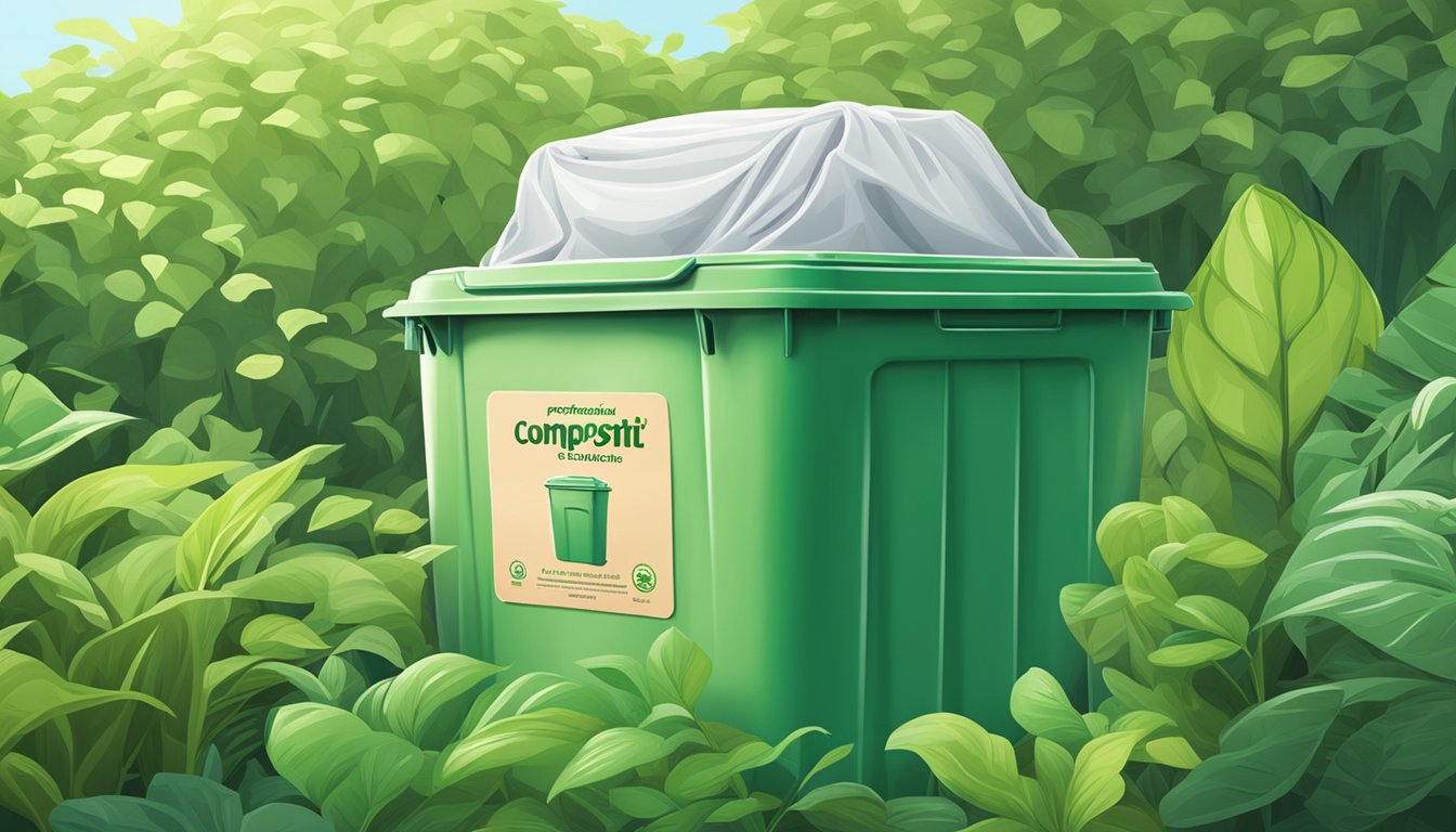 A compost bin with fabric softener sheets, surrounded by green plants and eco-friendly packaging