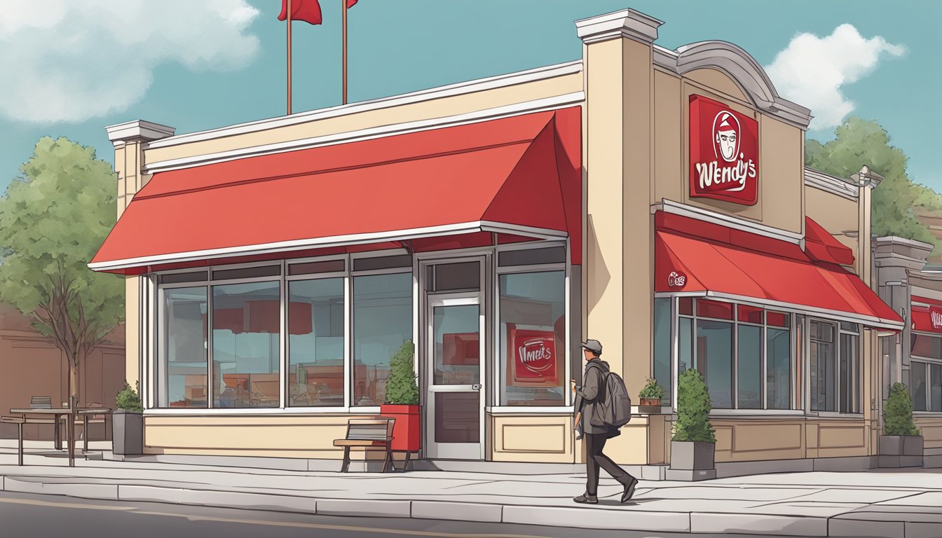 A person walking past a Wendy's restaurant with a large red flag symbolizing unhealthy food choices