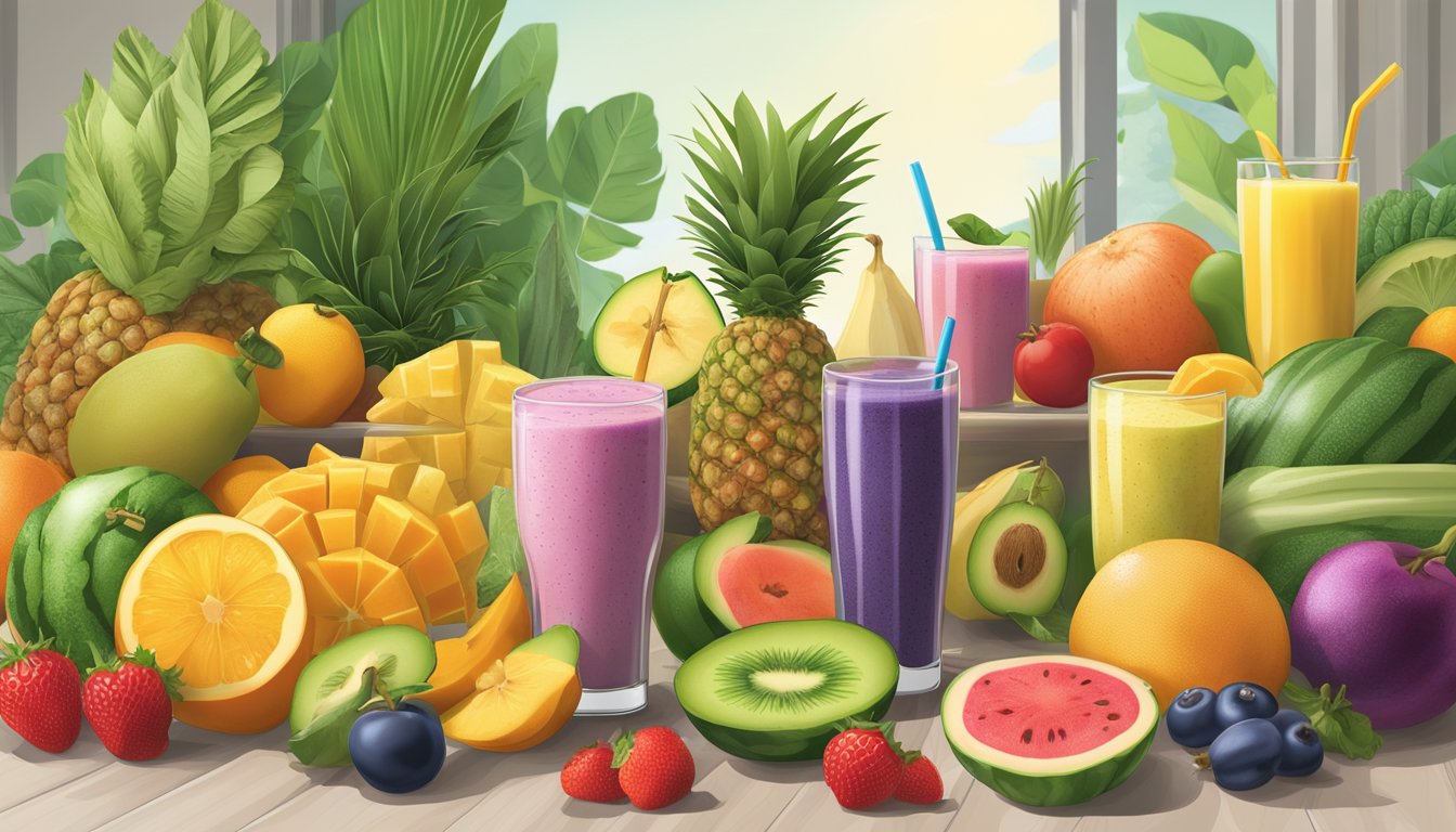 A vibrant array of tropical fruits and vegetables arranged around a glass of smoothie, with a clear display of nutrient content and caloric information