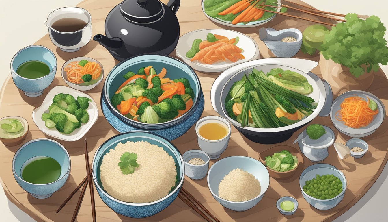 A table set with colorful, fresh Chinese dishes, including steamed vegetables, lean protein, and brown rice. Chopsticks and a pot of green tea complete the scene