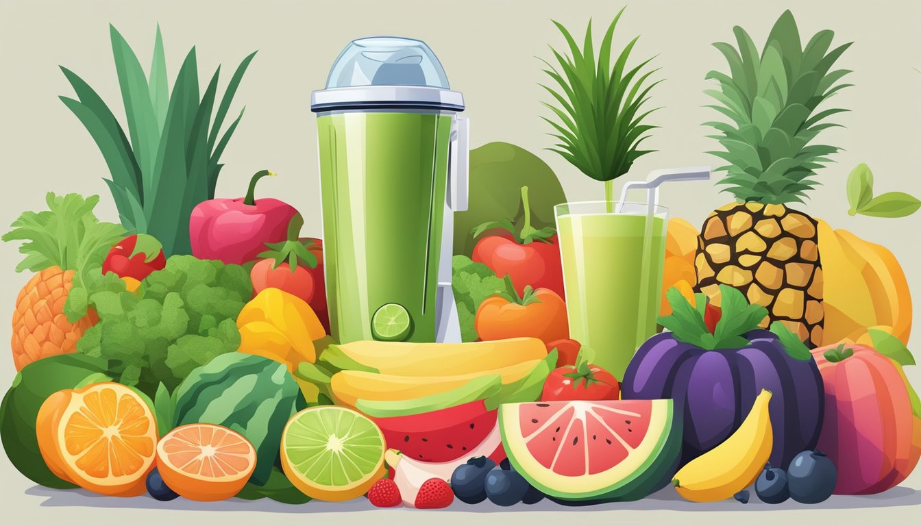 A colorful array of fresh fruits and vegetables arranged next to a blender, with a variety of healthy alternatives and modifications for making tropical smoothies