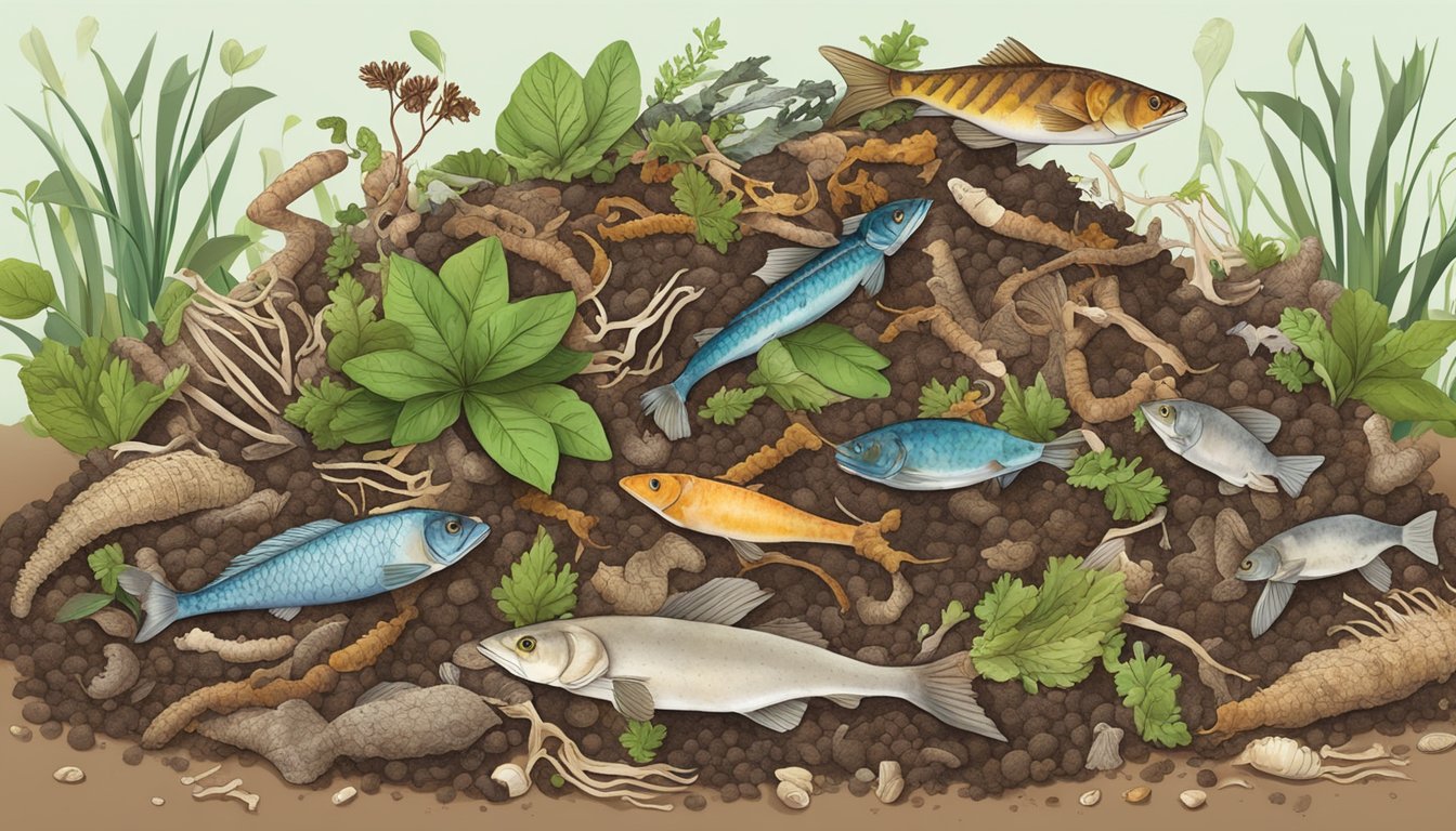 A pile of compostable materials, including fish bones, surrounded by a mix of green and brown organic waste, with earthworms and microorganisms breaking down the organic matter