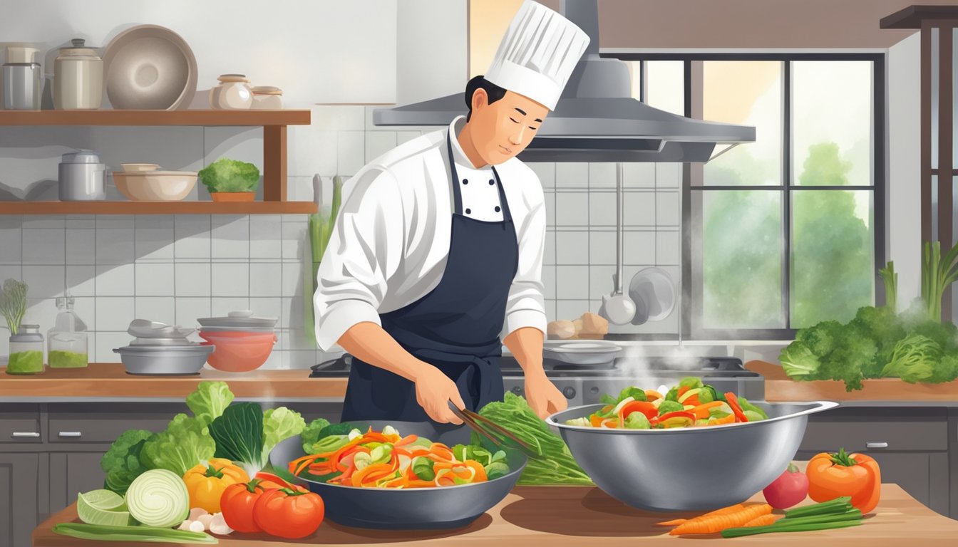 A chef preparing a colorful stir-fry with an array of fresh vegetables and lean protein, using minimal oil and salt in a traditional Chinese kitchen