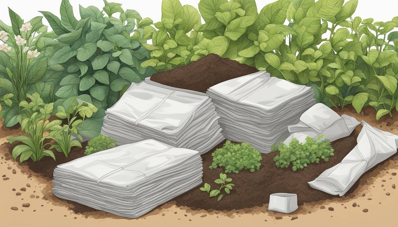 A pile of compostable materials, including fabric softener sheets, surrounded by healthy soil and thriving plants