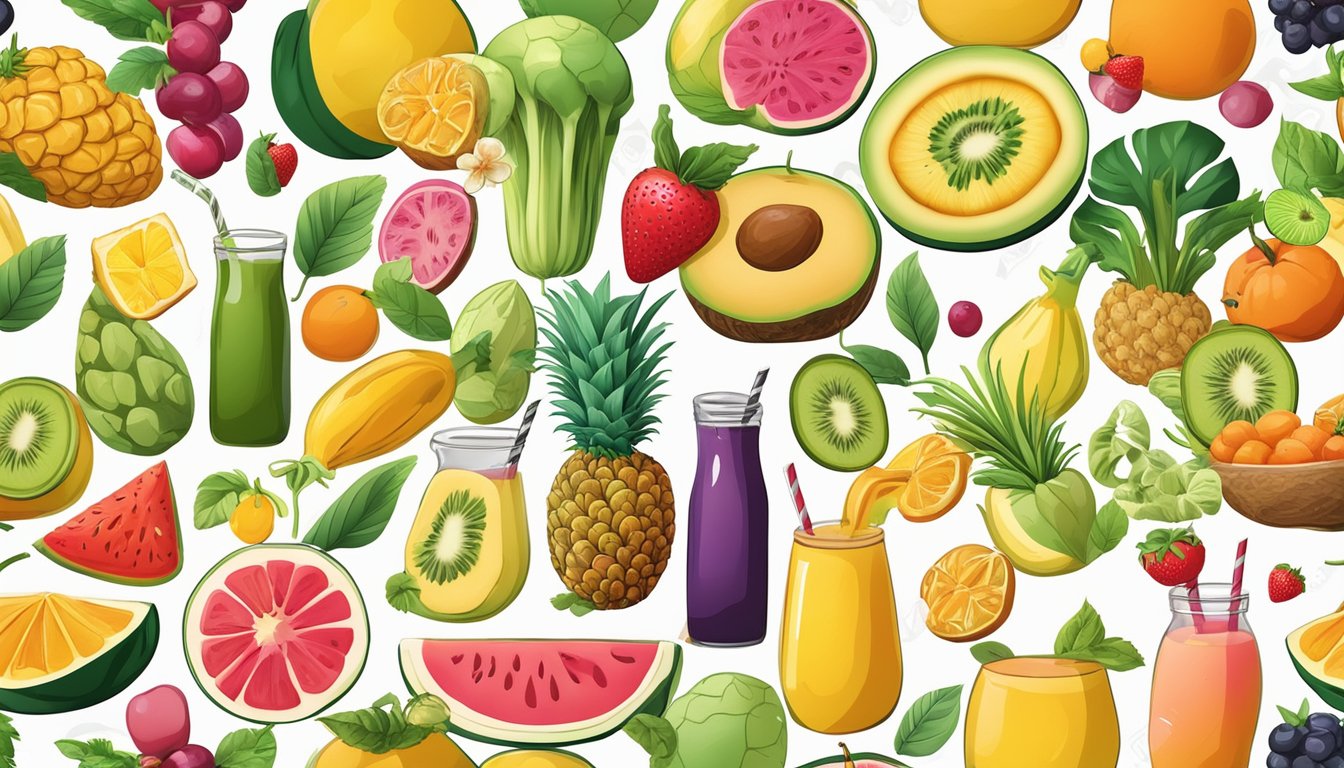 A colorful array of fresh tropical fruits and vegetables, surrounded by a variety of healthy smoothie options