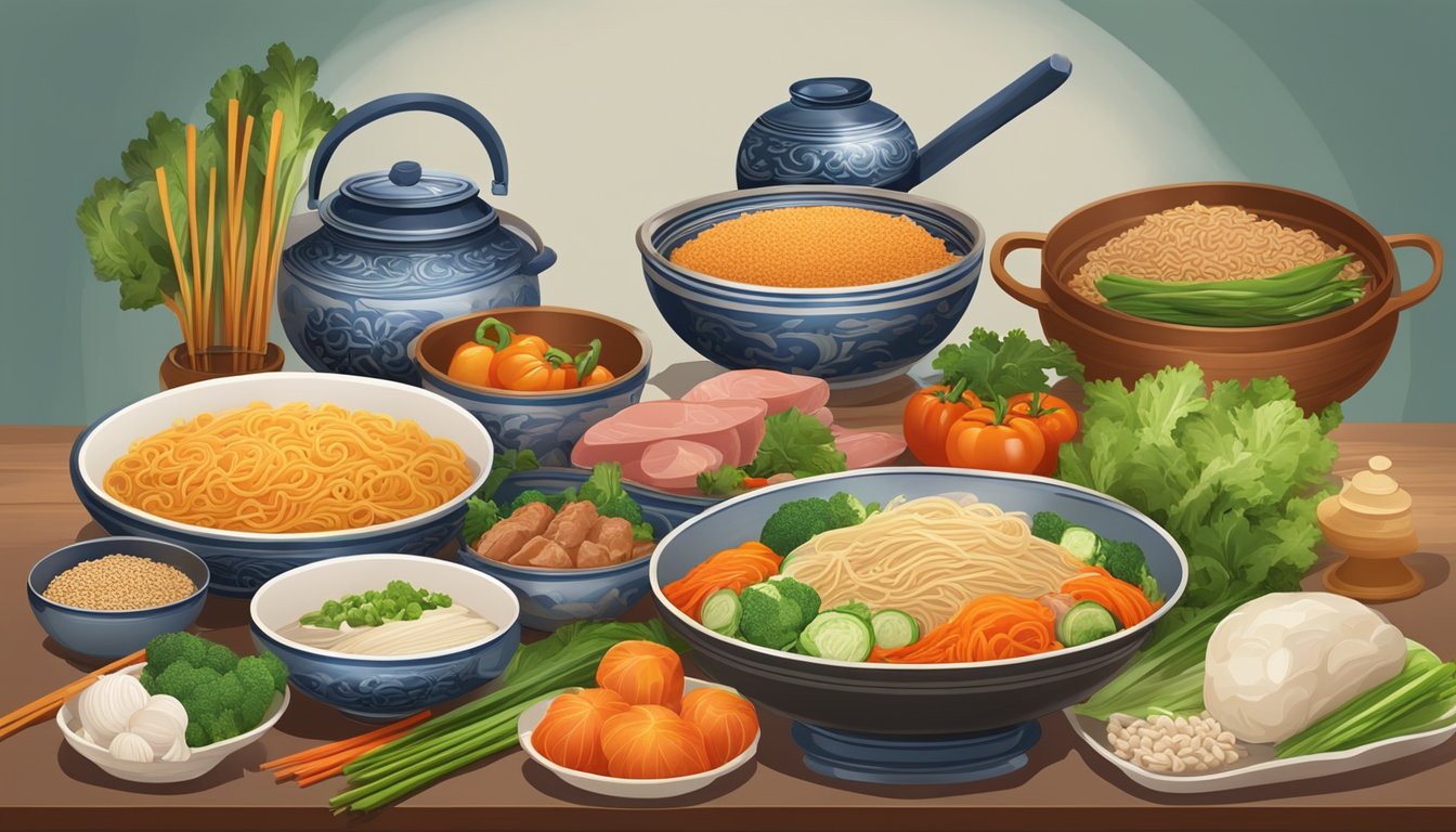 A table set with colorful, fresh vegetables, lean meats, and steaming bowls of whole grain noodles, surrounded by traditional Chinese cookware and decorative elements