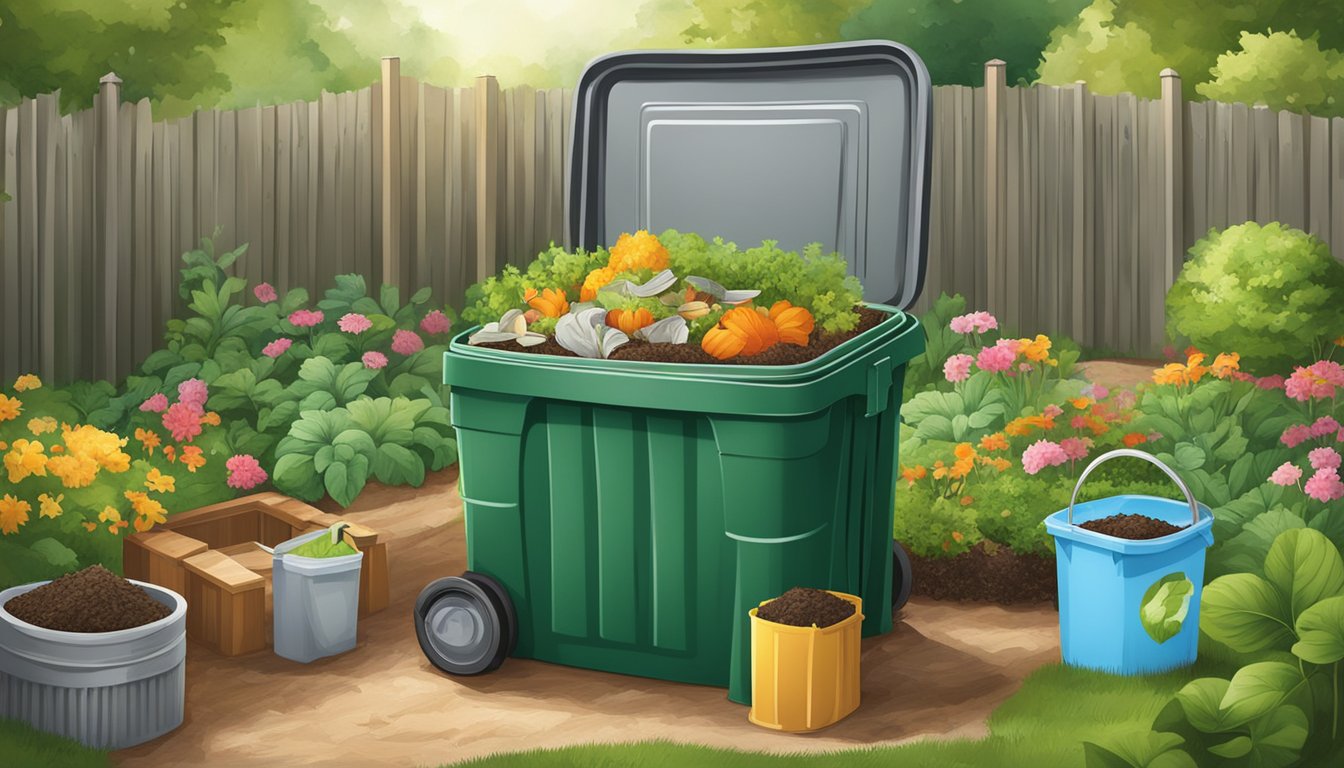 A compost bin with various organic waste, including fabric softener sheets, surrounded by a garden and outdoor setting