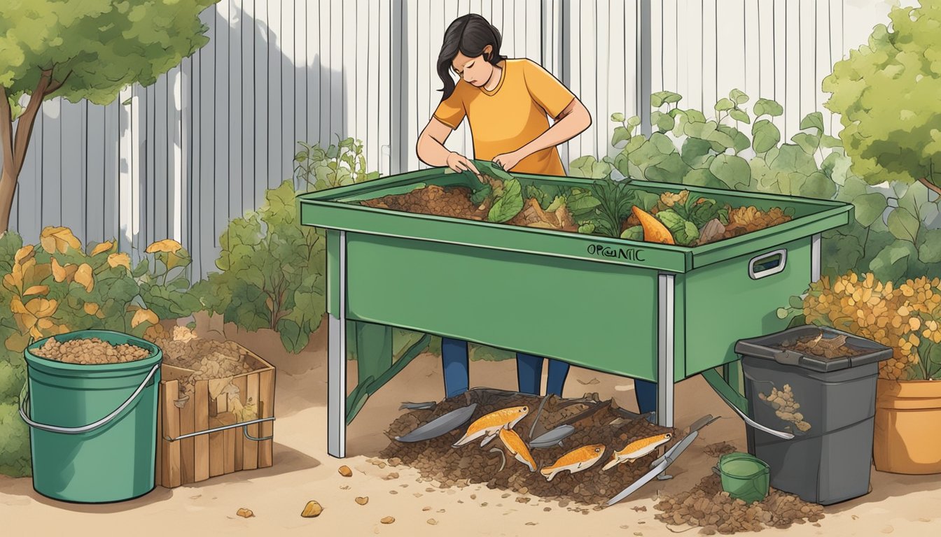 A person adds fish bones to a compost bin filled with food scraps, leaves, and other organic materials. The bin is placed in a sunny area of the backyard, surrounded by gardening tools