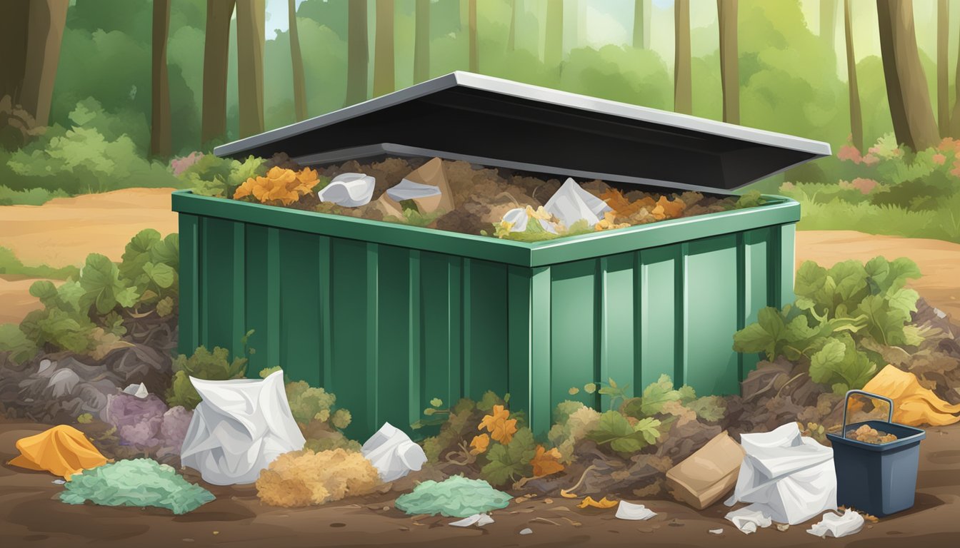 A compost bin filled with facial tissues surrounded by various types of organic waste and decomposing material