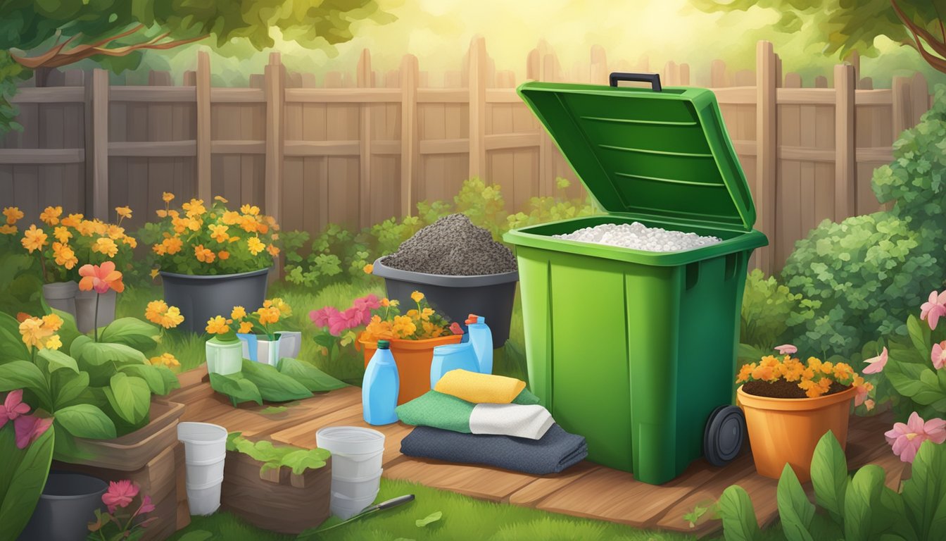 A compost bin with fabric softener sheets, surrounded by organic waste and gardening tools in a backyard setting