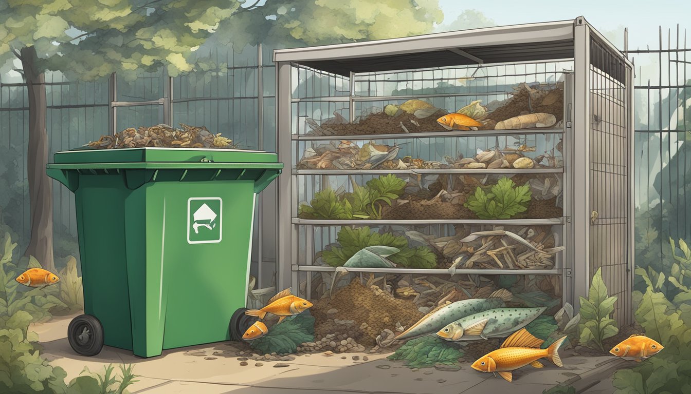 A compost bin with fish bones surrounded by a variety of organic waste and a sign indicating "Safety Measures and Best Practices."