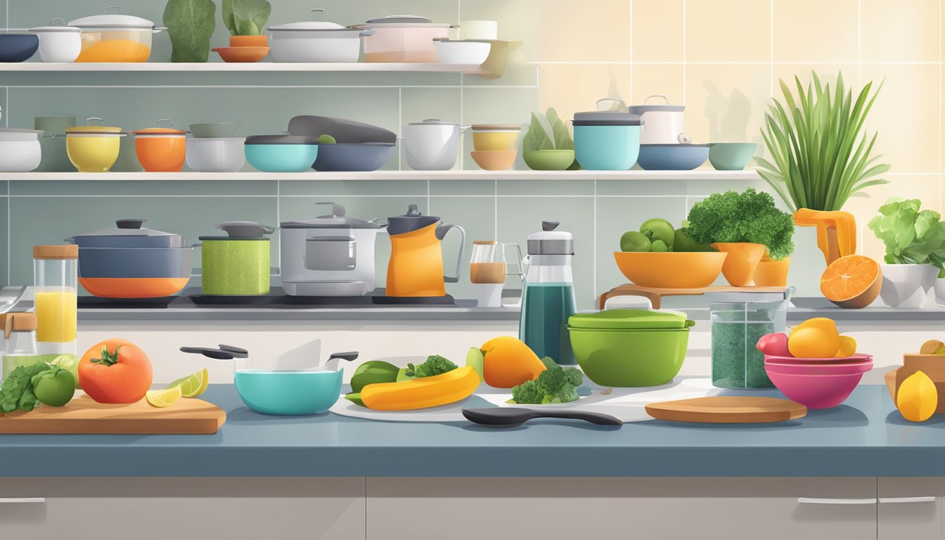 A bright, organized kitchen with an array of colorful, healthy ingredients and sleek, modern cookware on the counter