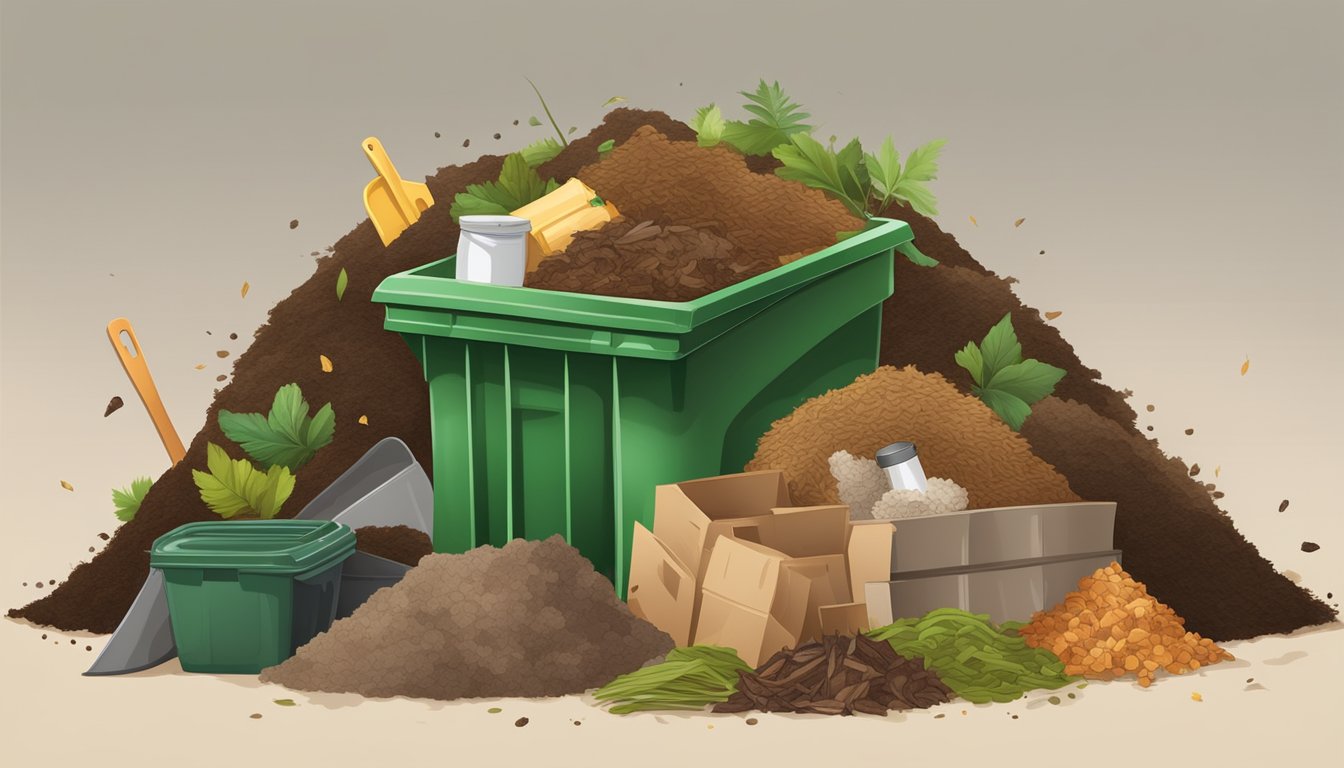 A pile of organic waste with fur mixed in, surrounded by composting essentials like a bin, shovel, and green and brown materials