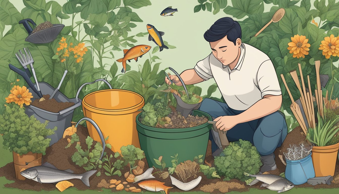 A person dumping fish bones into a compost bin surrounded by a variety of organic waste and gardening tools