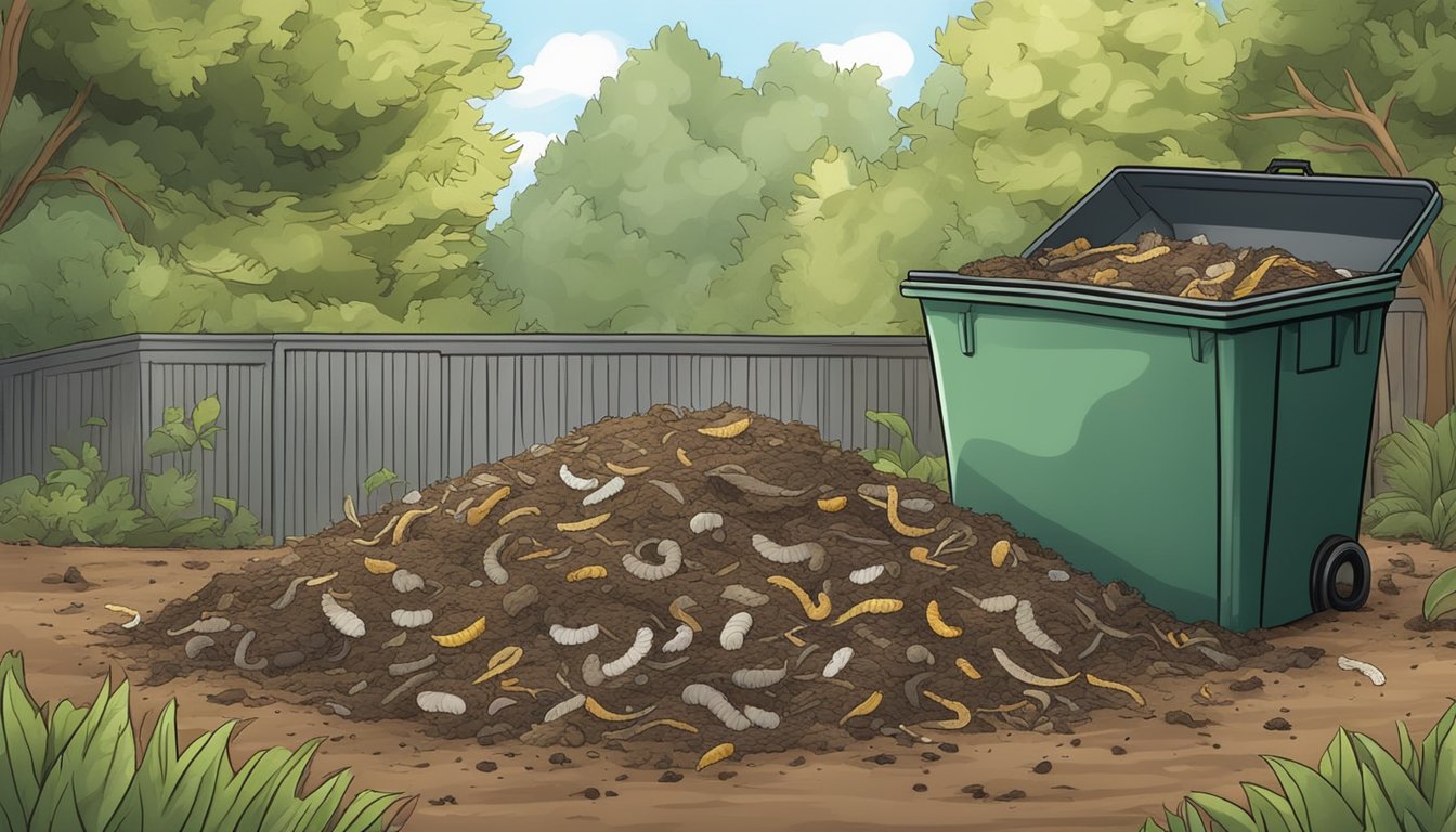 A pile of fur sits among a mix of organic waste and soil in a backyard compost bin, surrounded by earthworms and decomposing material