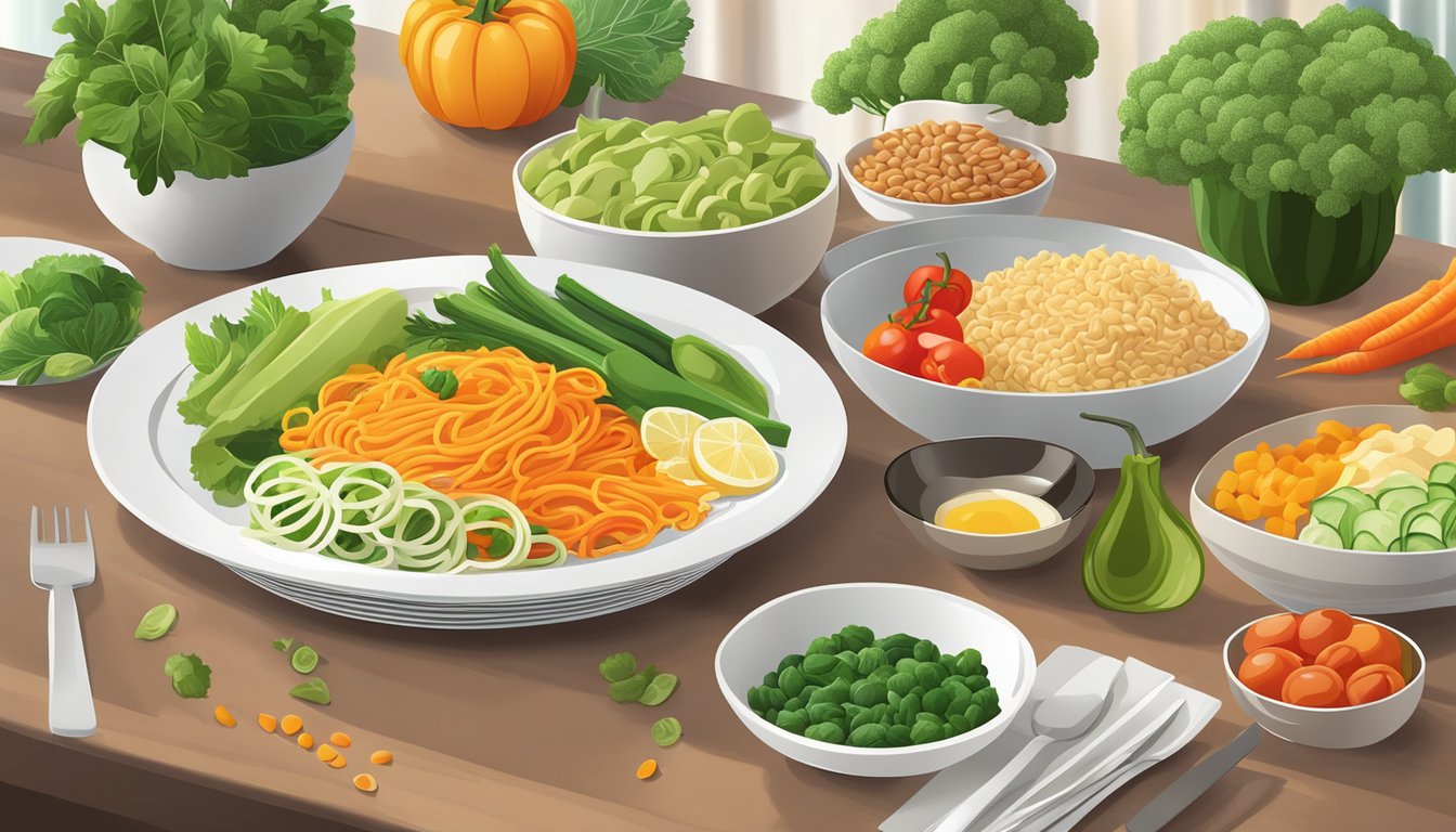 A colorful array of fresh vegetables, lean proteins, and whole grain noodles are arranged on a clean, modern table setting