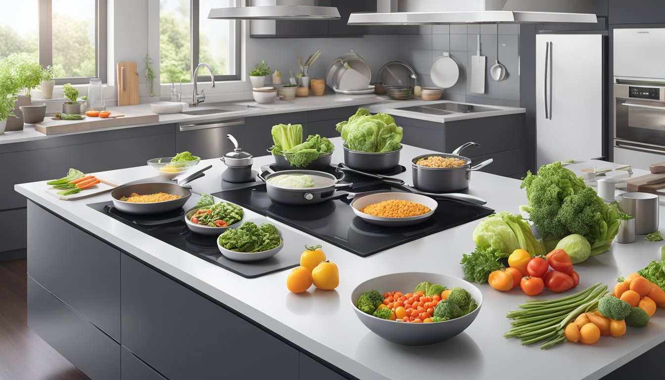 A modern kitchen with sleek, innovative cookware displayed on a countertop. A variety of healthy food options, such as fresh vegetables and lean proteins, are arranged nearby