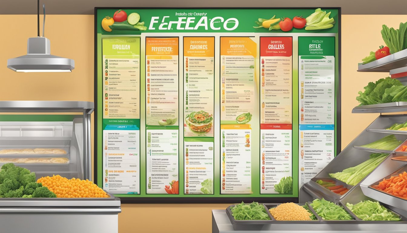 A colorful array of fresh vegetables and lean proteins displayed on a menu board at a Del Taco restaurant, with clear signage indicating healthy options