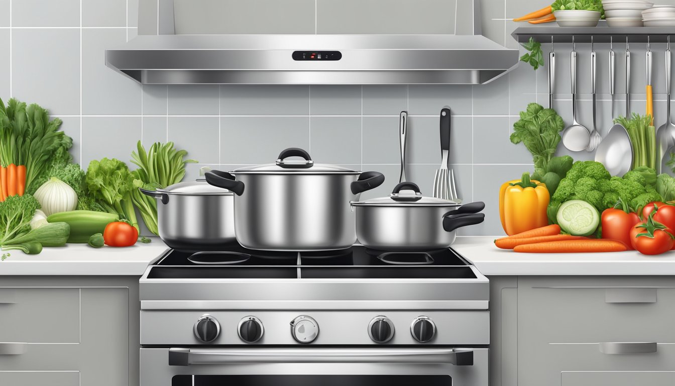 A modern kitchen with stainless steel and ceramic cookware, surrounded by fresh vegetables and herbs