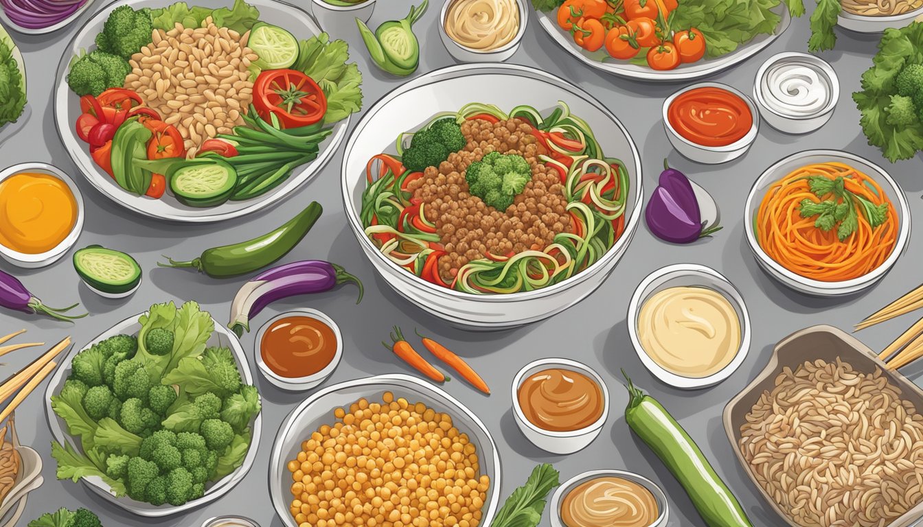 A colorful array of fresh vegetables and lean protein options arranged around a bowl of whole grain noodles, with a variety of flavorful sauces on the side