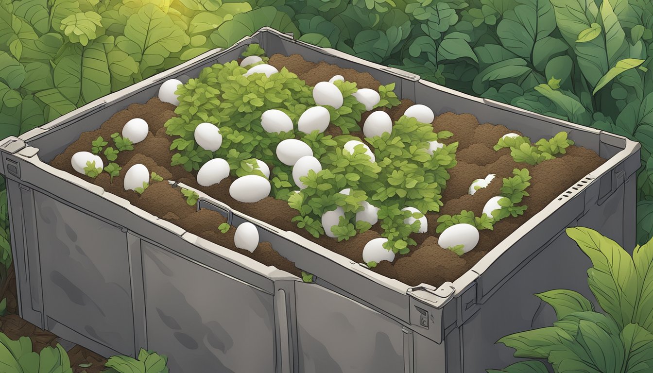 A compost bin filled with foam egg cartons surrounded by greenery