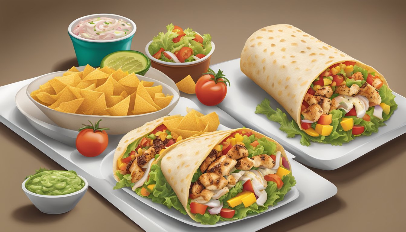 A colorful display of fresh salads, grilled chicken, and veggie burritos on the Del Taco menu