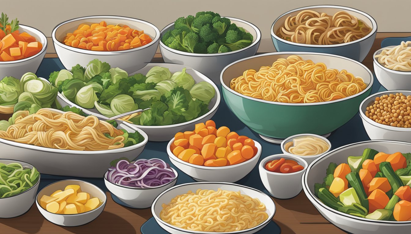 A colorful array of fresh vegetables, lean proteins, and whole grain noodles displayed on a clean, modern table at Noodles and Company