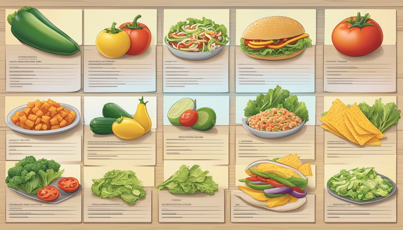 A colorful array of fresh vegetables and lean protein options displayed on a menu board at a Del Taco restaurant