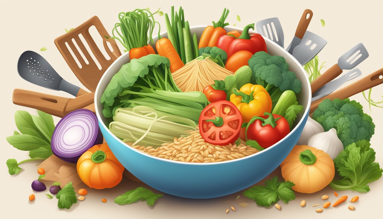 A colorful bowl of fresh vegetables and whole grain noodles, surrounded by various kitchen utensils and cooking tools