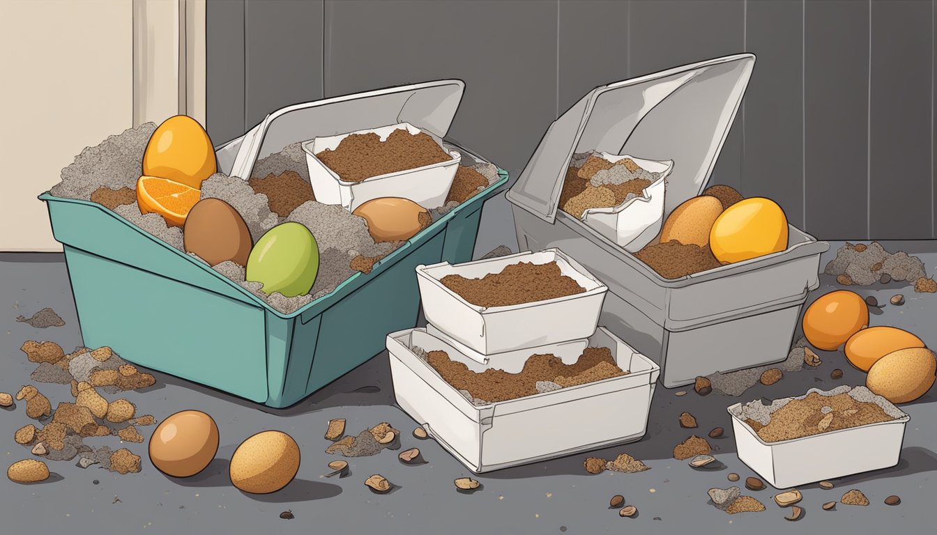 A pile of foam egg cartons sits next to a compost bin, surrounded by various compostable materials like fruit peels and coffee grounds