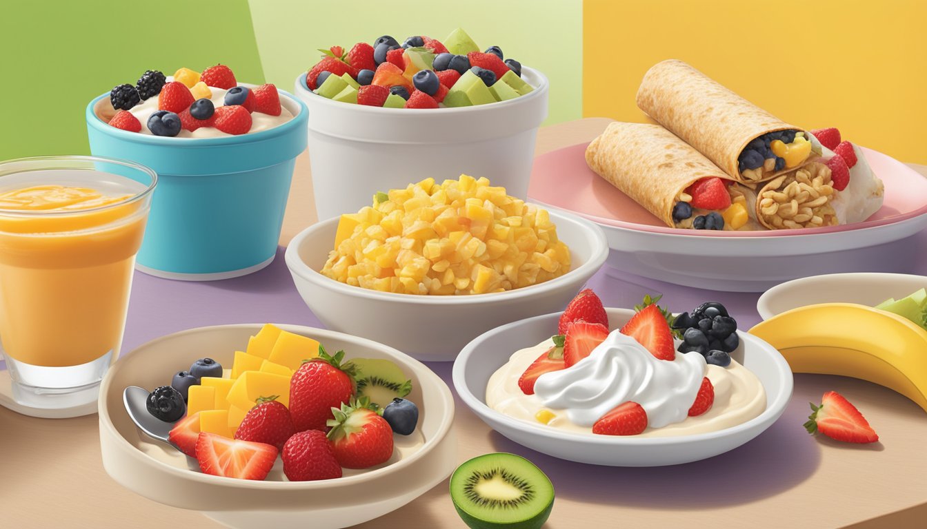 A colorful spread of fresh fruits, yogurt parfaits, and whole grain breakfast burritos on a table at Del Taco