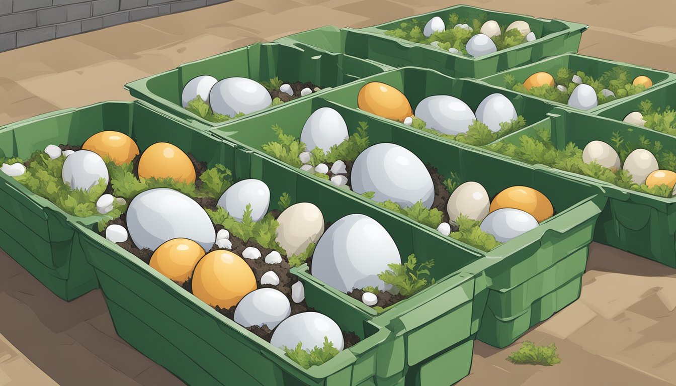 Foam egg cartons being placed in a compost bin alongside other biodegradable materials