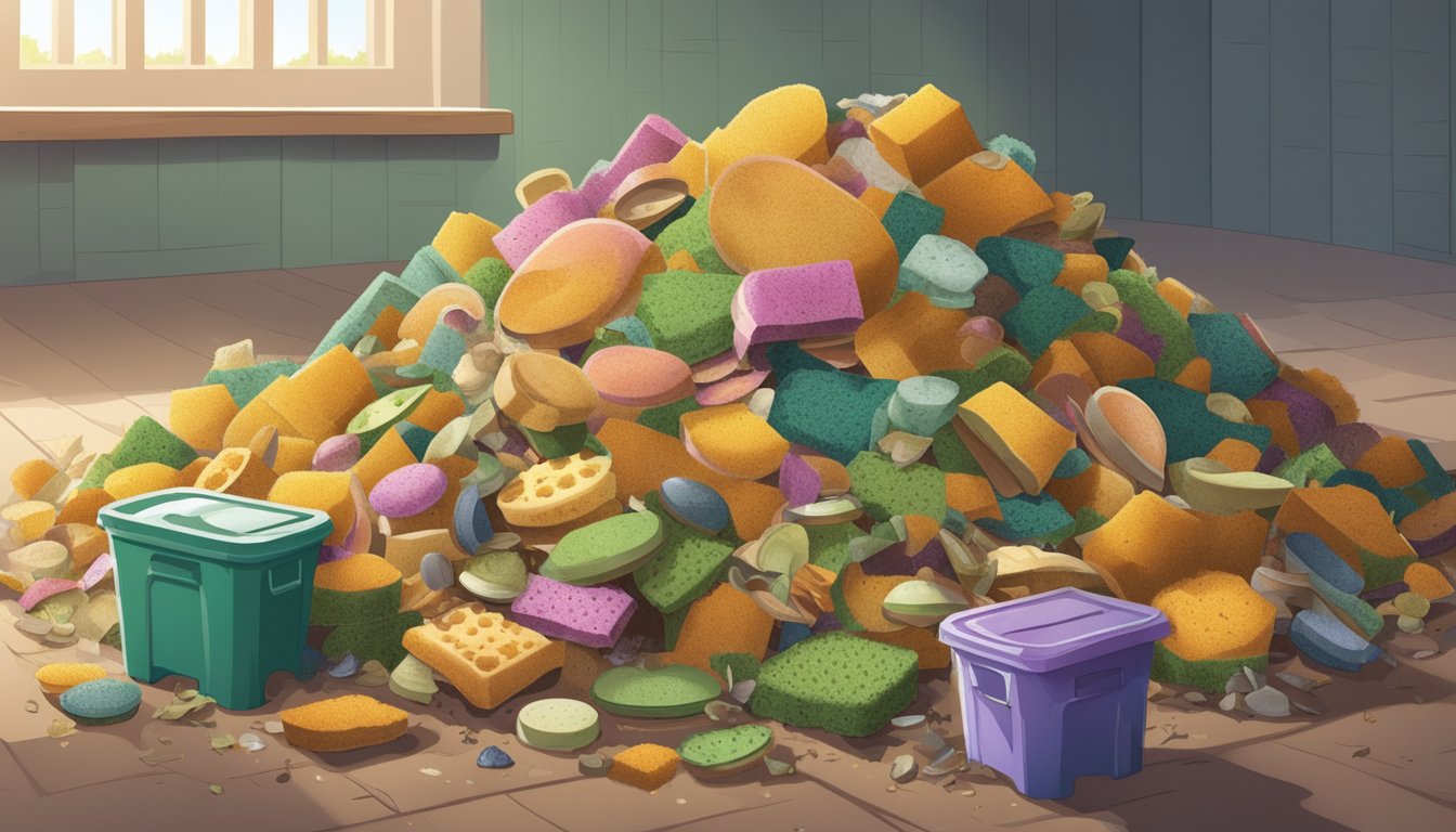 A pile of used dish sponges sits next to a compost bin filled with food scraps and organic waste. The sponges are surrounded by decomposing materials