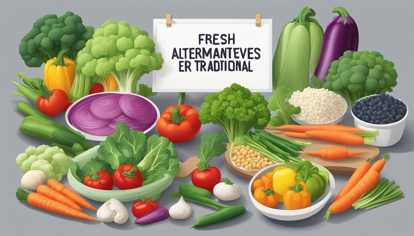 A colorful array of fresh vegetables and lean proteins arranged on a table, with a sign displaying "Lighter Alternatives for Traditional Choices" above them