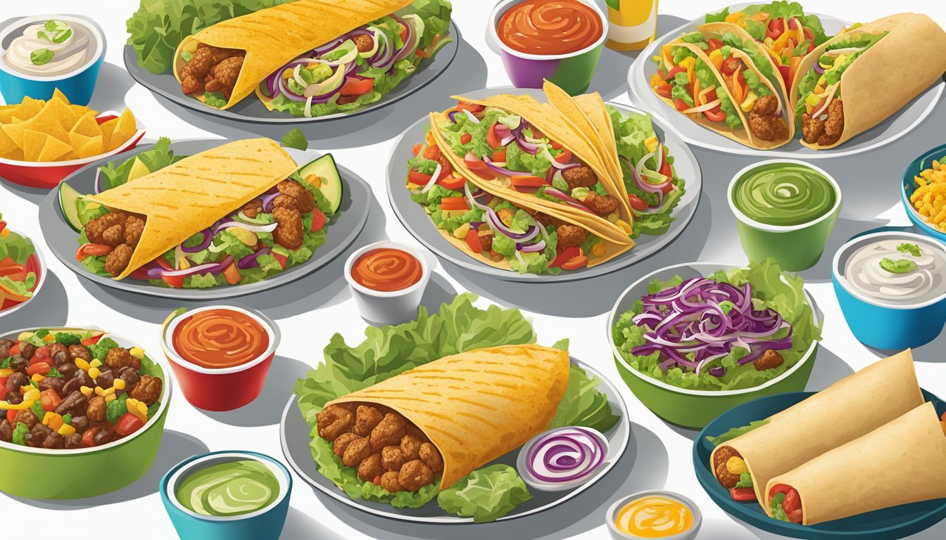 A colorful display of fresh salads, grilled chicken, and veggie-filled tacos at Del Taco, surrounded by vibrant, enticing sides and snacks