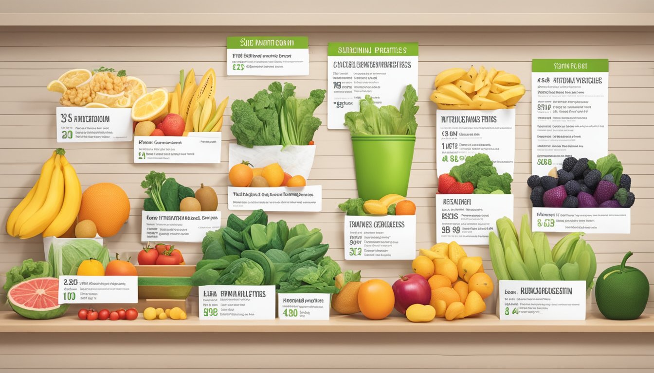 A colorful array of fresh fruits, vegetables, and lean proteins displayed next to a nutritional information chart at Shake Shack