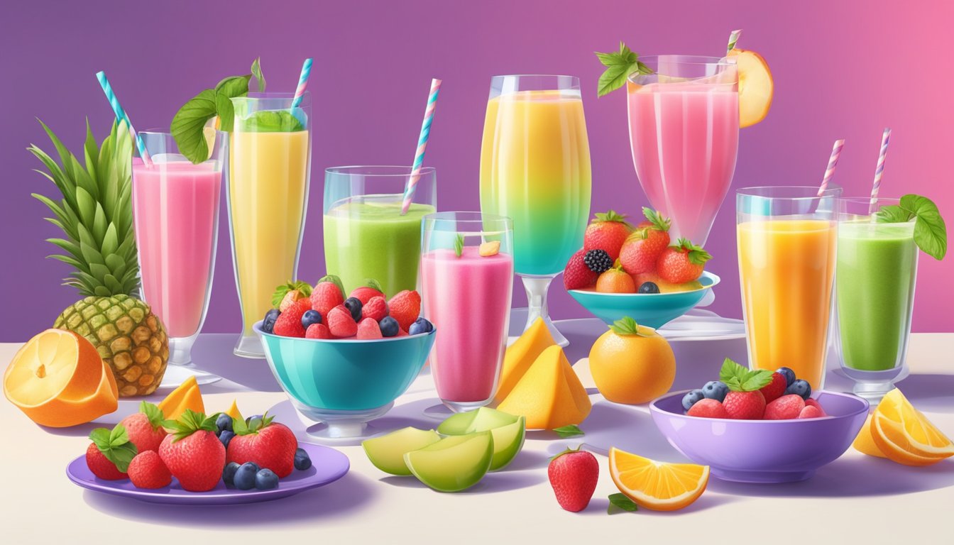 A colorful spread of fresh fruit smoothies and light, vibrant desserts on a modern table setting