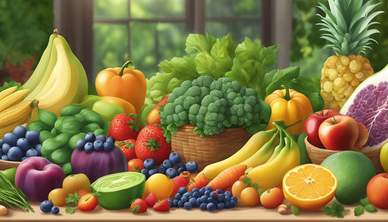 A colorful array of fruits, vegetables, whole grains, and lean proteins displayed on a table, surrounded by vibrant greenery and natural light