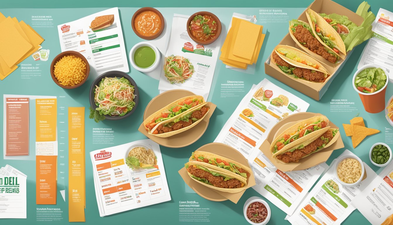 A table with various Del Taco menu items, surrounded by nutritional information charts and graphs