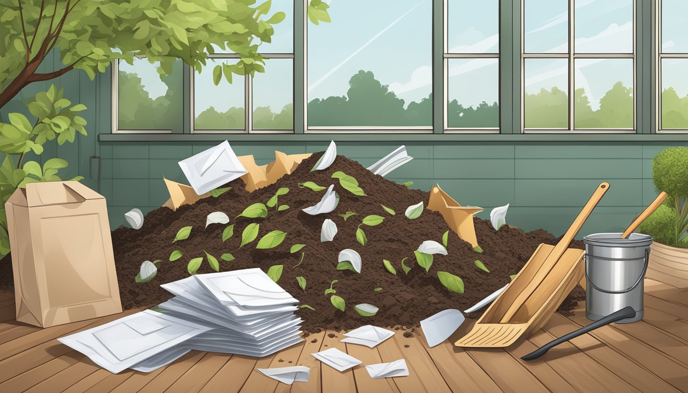 A pile of compostable materials, including envelopes with windows, surrounded by a compost bin and a garden shovel