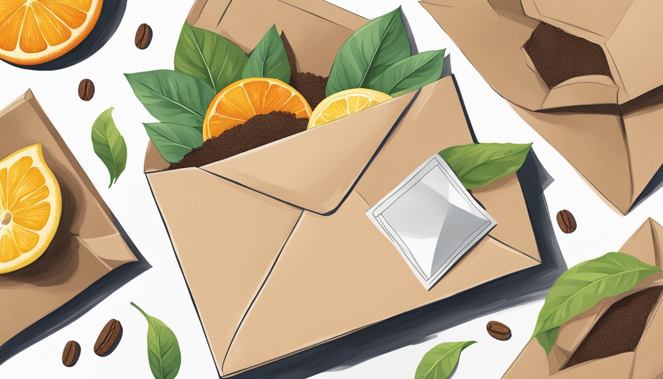 A hand holding an open envelope with a window, surrounded by various compostable materials like leaves, fruit peels, and coffee grounds