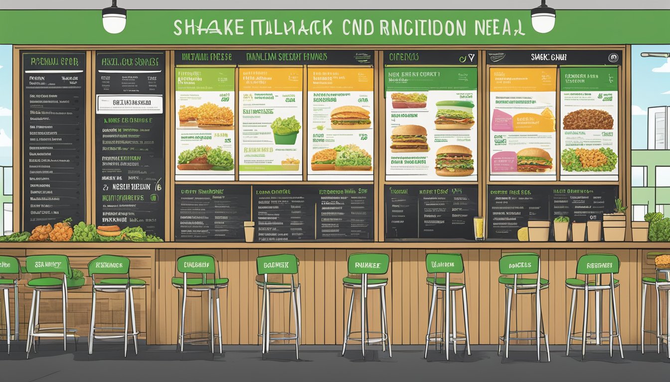 A colorful menu board displays various healthy options and nutrition information at Shake Shack