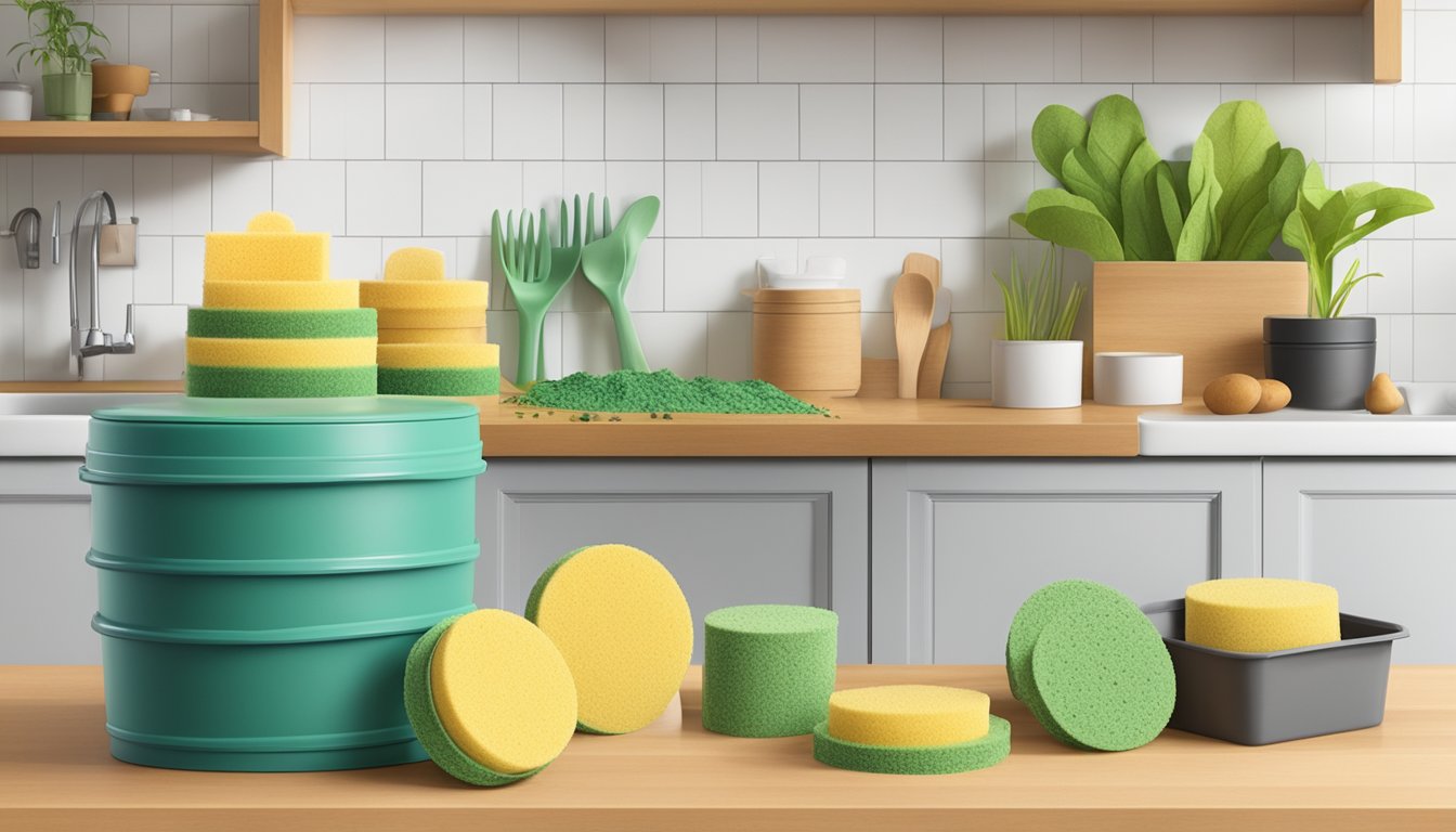 A variety of sponges, including natural and compostable options, displayed in a kitchen setting with a compost bin nearby