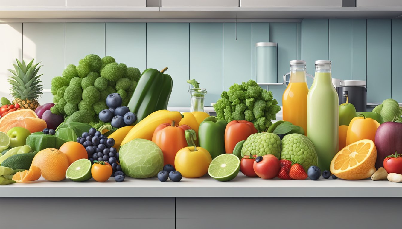 A colorful array of fresh fruits, vegetables, and lean proteins arranged on a clean, modern kitchen counter