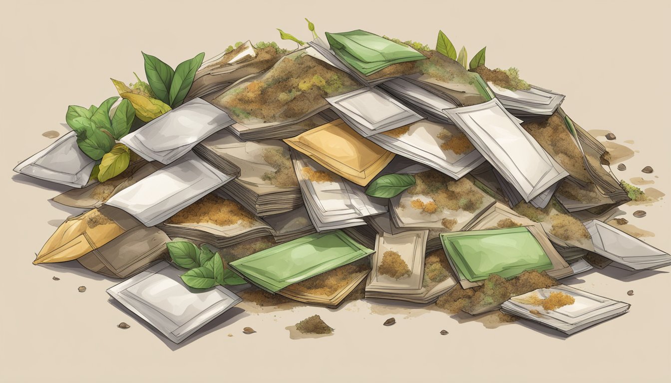 A pile of compostable envelopes, some with transparent windows, surrounded by organic waste and decomposing materials