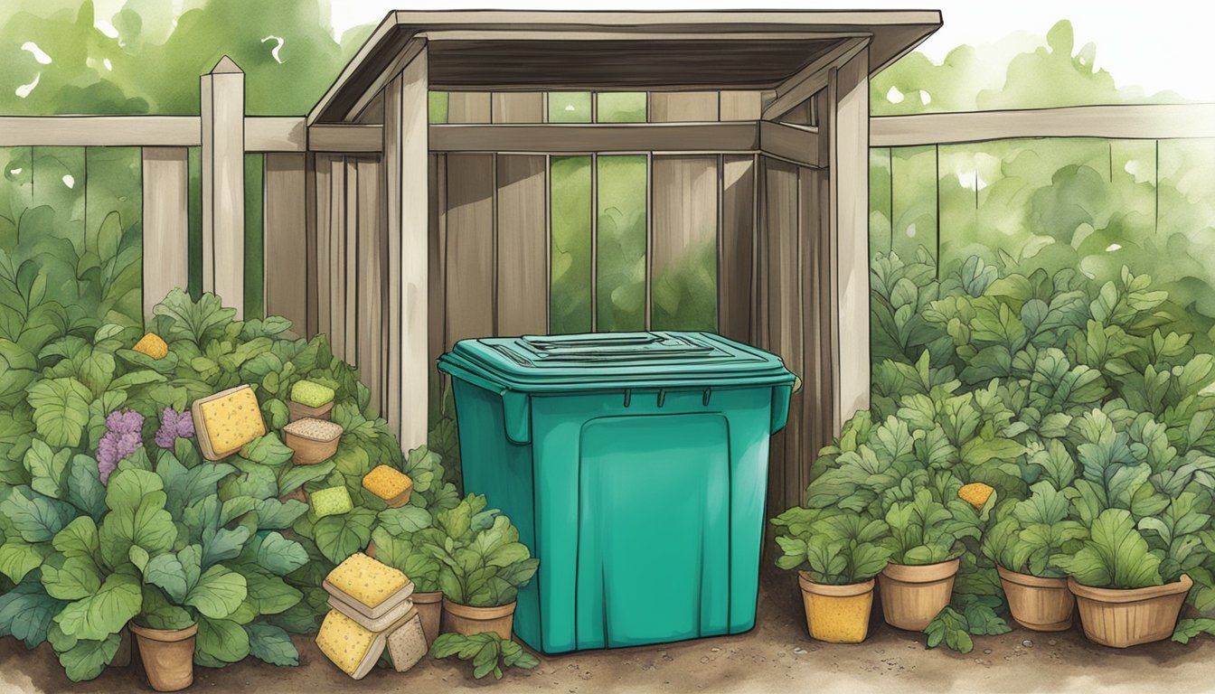 A compost bin with discarded dish sponges, surrounded by greenery and a sign reading "Making a Difference Beyond the Kitchen."